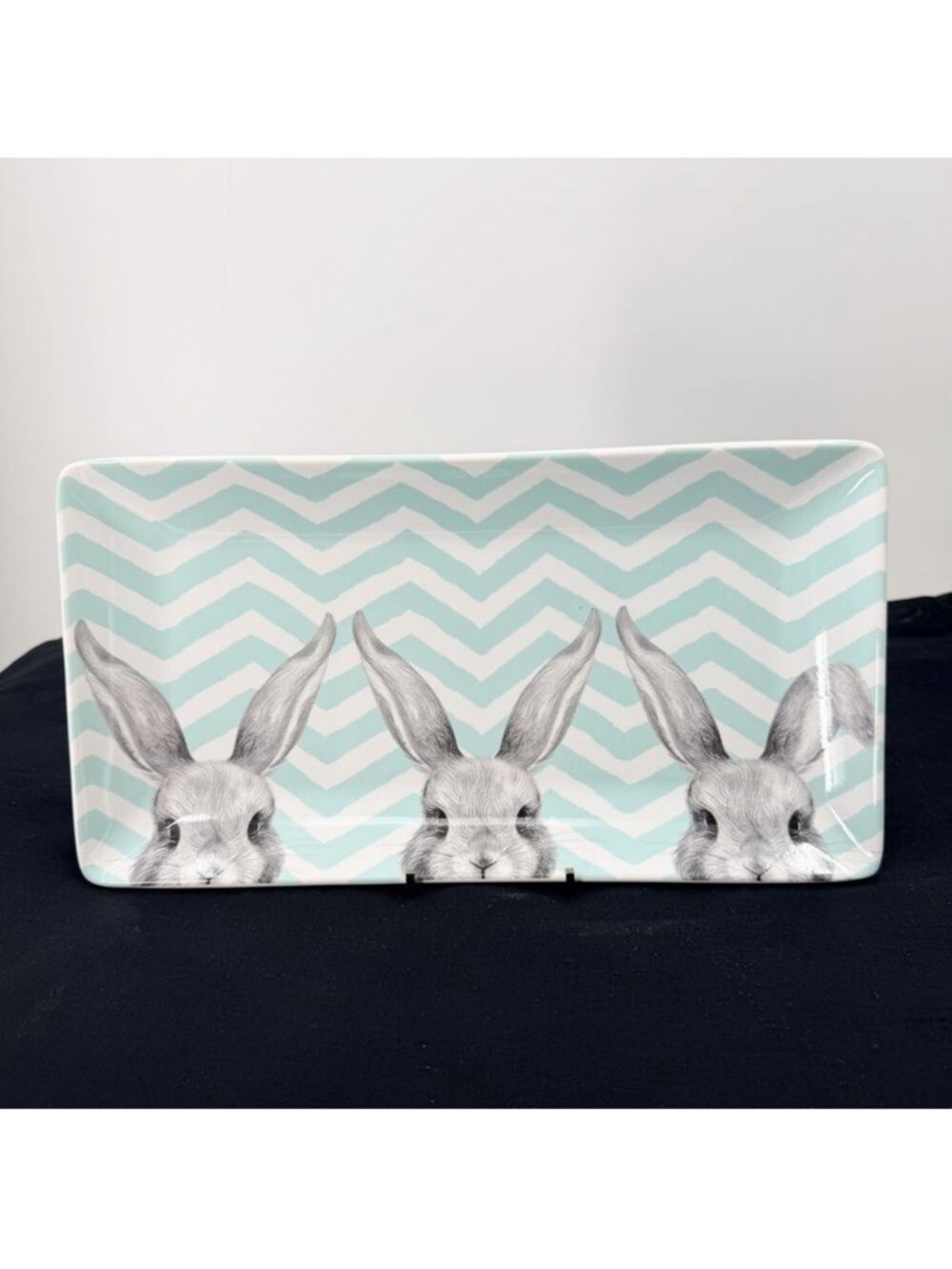 Pier 1 Spring Easter Bunny Chevron Stripe Serving Tray Platter 12" × 6.5" NEW